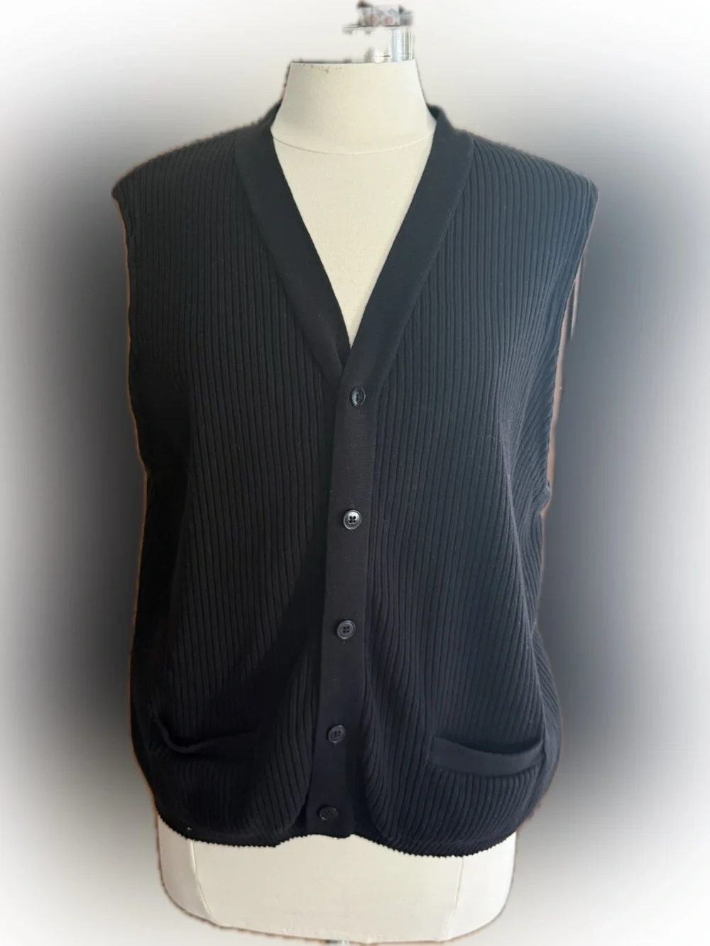 Vintage Banana Republic Ribbed Knit Button Front Sweater Vest Men's M Black 80s
